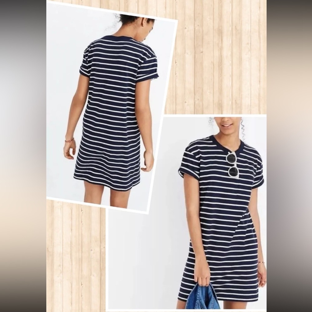 MADEWELL Tina Striped T-Shirt Dress Cotton Navy White Women's Size Large